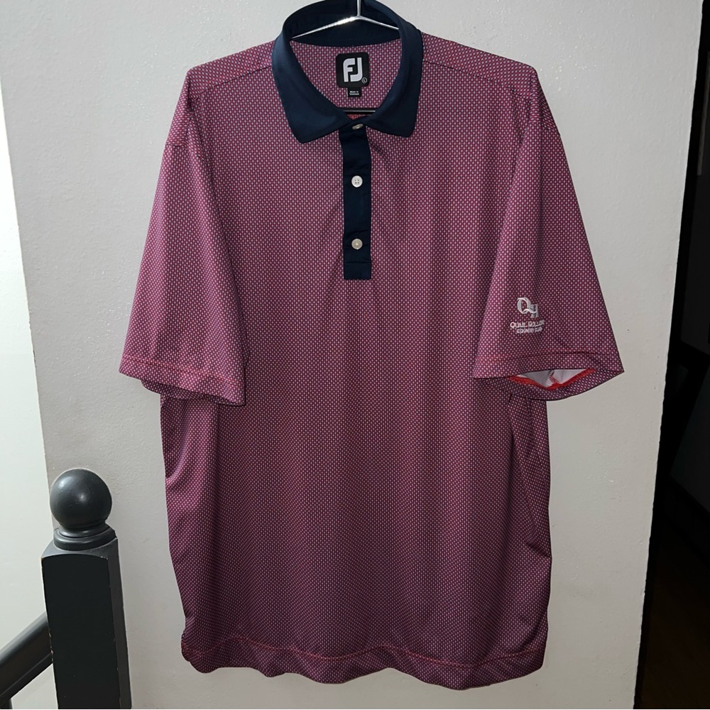 FootJoy Men’s Red & Blue Geometric Polo Shirt – Large – Quail Hollow Embroidery